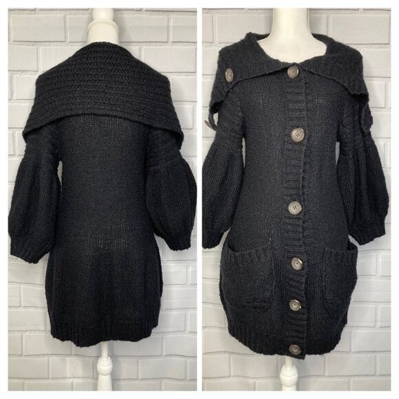 Free People Black Large Buttons Wool Blend Balloon Sleeves Long Cardigan Small - Picture 2 of 11